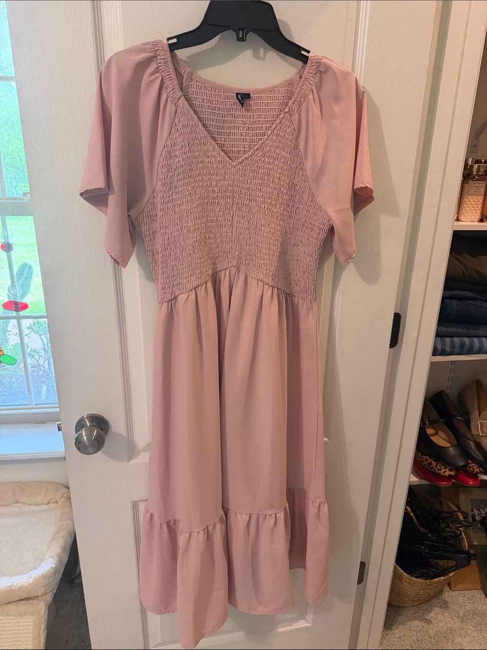 Smocked V-Neck Midi Dress in Dusty Blush